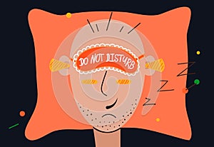 Man with blindfold lies on bed. Cartoon male character with earplugs and sleep mask. On the mask text Do Not Disturb. Smiling bald