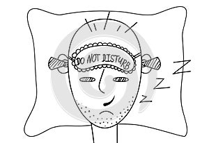 Man with blindfold lies on the bed. Cartoon male character with earplugs and sleep mask. On the mask text Do Not Disturb. Smiling