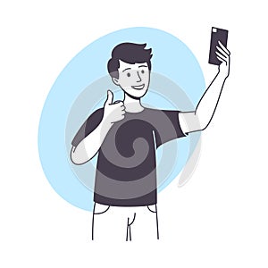 Man Blogger Character with Smartphone Showing Thumb Up Vector Illustration