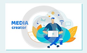 Man Blogger, Social Media Creator Working Laptop