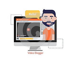 Man Blogger Video Computer. Concept blogging.Digital blog. Flat Vector Illustration