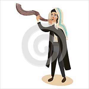 Man blowing Shofar horn for the Jewish New Year, Rosh Hashanah holiday, judaism religion vector illustration cartoon