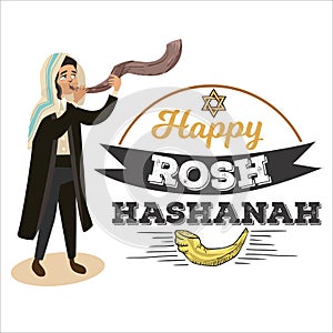 Man blowing Shofar horn for the Jewish New Year, Rosh Hashanah holiday, judaism religion vector illustration with logo photo