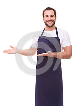 Man with blue apron