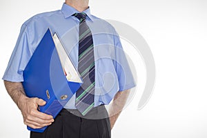 Man with blue document