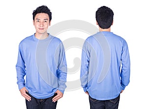 Man in blue long sleeve t-shirt isolated on white background