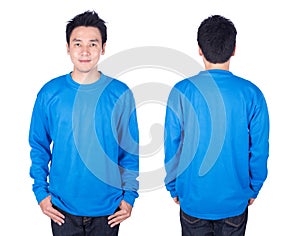 Man in blue long sleeve t-shirt isolated on white background