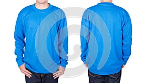Man in blue long sleeve t-shirt isolated on white background
