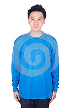 Man in blue long sleeve t-shirt isolated on a white background
