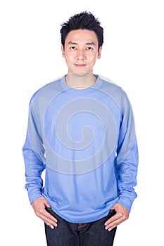 Man in blue long sleeve t-shirt isolated on a white background