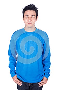 Man in blue long sleeve t-shirt isolated on a white background