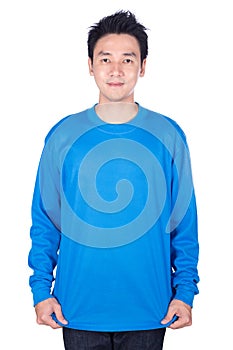 Man in blue long sleeve t-shirt isolated on a white background