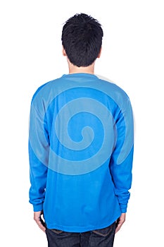 Man in blue long sleeve t-shirt isolated on white background ba