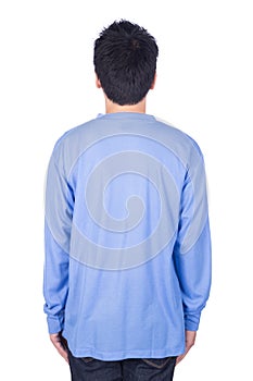 Man in blue long sleeve t-shirt isolated on white background ba