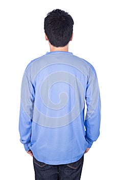 Man in blue long sleeve t-shirt isolated on white background ba