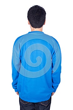 Man in blue long sleeve t-shirt isolated on white background ba