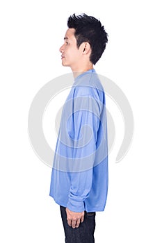 Man in blue long sleeve t-shirt isolated on white background si