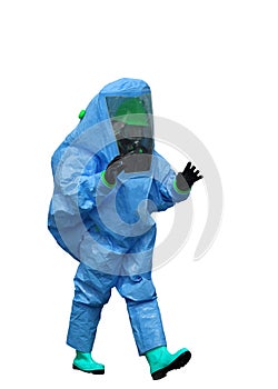 Man with a blue protective suit against radiation and chemical a