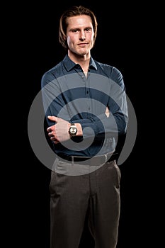 Man in Blue Shirt and Grey Slacks