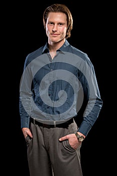 Man in Blue Shirt and Grey Slacks