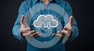 Cloud computing services man holding cloud storage technology data transfer and backup solutions concept