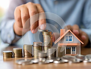 Man in blue shirt puts a coin to stack of coins. Small house behind the coins. Illustration for mortgage and loan stories. For