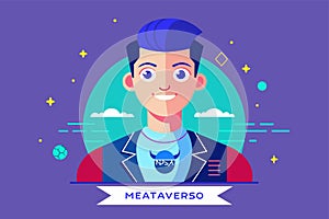 A man in a blue shirt standing against a purple background with the word meataversso visible, Metaverso Customizable Flat photo