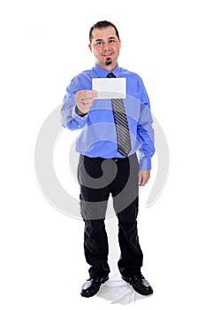 Man in blue shirt and tie holding blank card smiling