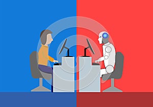 Man on blue side working against robot