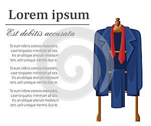 Man blue suit with red tie on wooden hanger vector illustration with place for your text isolated on white background