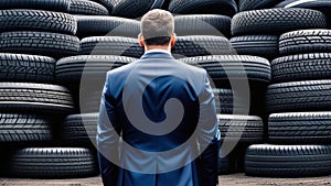 A man in blue suit standing in front of large stack of tires.