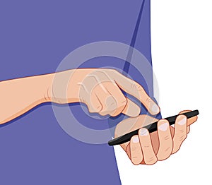 a man in a blue T-shirt is holding a phone. blogger. Vector