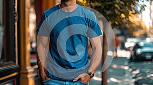 A man in a blue t-shirt and jeans stands on a city street photo