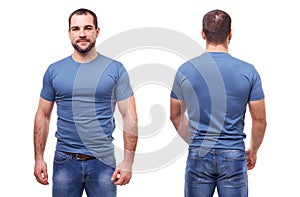 Man in blue t-shirt on white background