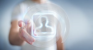 Man using digital blue holographic user interface 3D rendering
