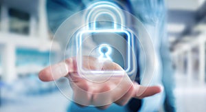 Man using digital web protection blue holographic interface 3D rendering