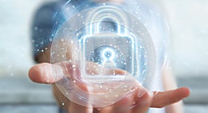 Man using digital web protection blue holographic interface 3D rendering