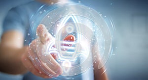 Man using startup digital neon interface 3D rendering