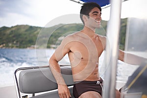 Man, boat and driving on water for relax holiday in Hawaii or explore vacation on tropical island, adventure or