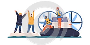 Man on Boat Engaged in Rescue and Life Saving Emergency Operation Finding Lost Tourist on Ice Plate Vector Illustration