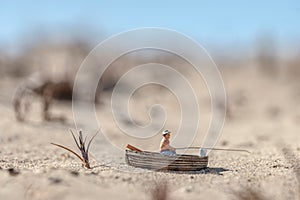 Man in a boat fishing on a dried-up lake