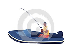 Man in boat fishing semi flat color vector character