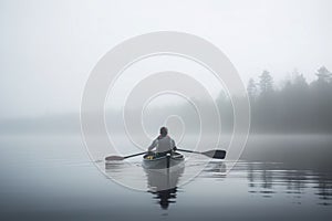 Man boat foggy lake. Generate Ai