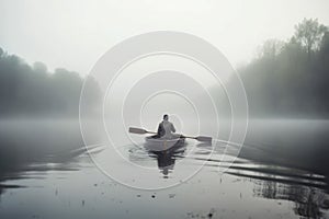 Man boat foggy morning. Generate Ai