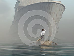 Man in boat looking on approaching vessel