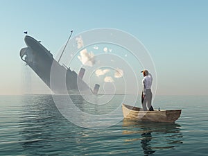 Man in boat looking on shipwreck