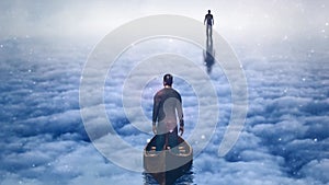 Man in boat in ocean of clouds