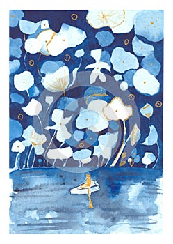 Watercolor illustration of a man in a boat in a fairy forest with huge flowers photo