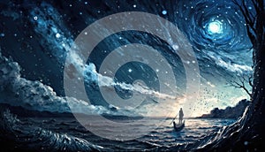 Man in a boat is swimming in the ocean at night. Starry sky, milky way. Abstract picture in the style of post-impressionism.