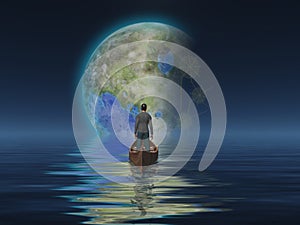 Man in boat on water surface against the planet